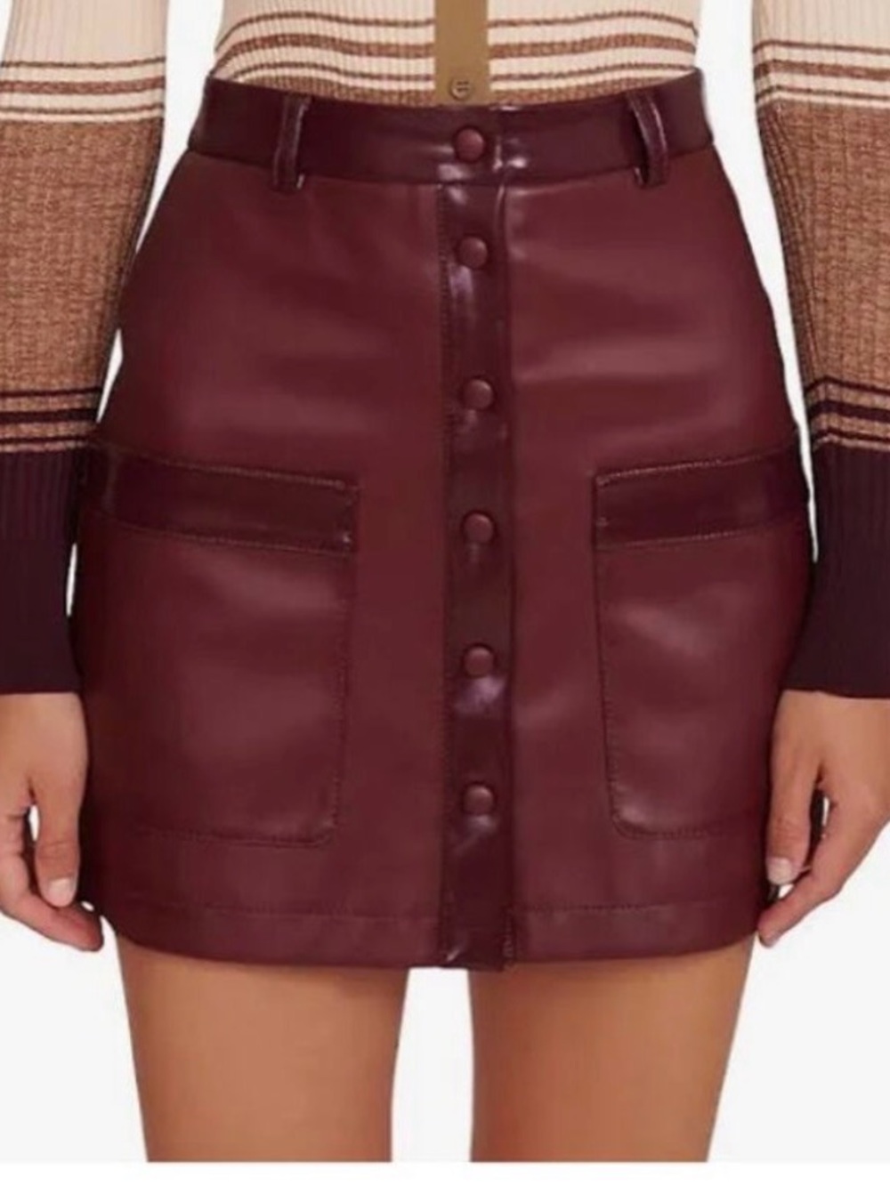STAUD Deep Burgundy Snap-Front Faux Leather Mini Skirt